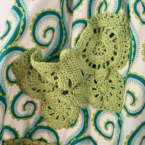 Handmade Apron Crochet details Handsewn Groovy Colors green and Gold 70s style - Picture 7 of 8